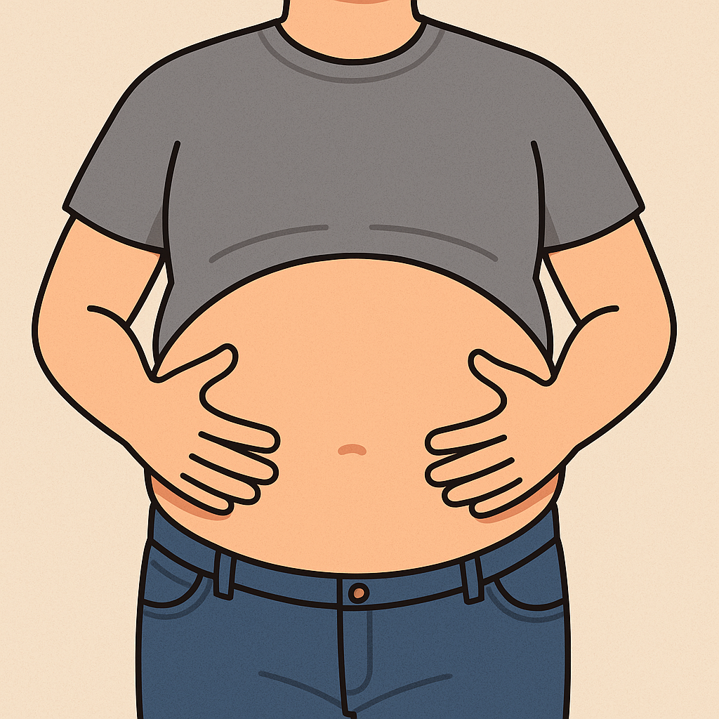 Illustration of person holding bloated stomach with hands showing abdominal discomfort