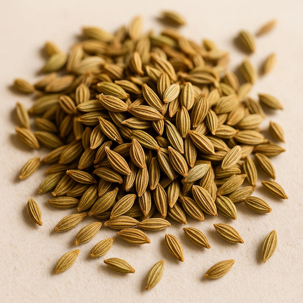 Pile of fennel seeds spread on white surface showing natural digestive remedy