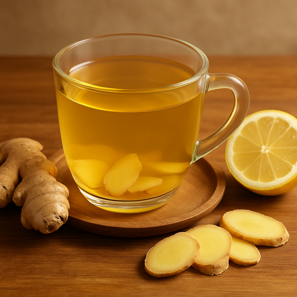 Fresh ginger tea in glass mug with lemon slices and ginger root on wooden table