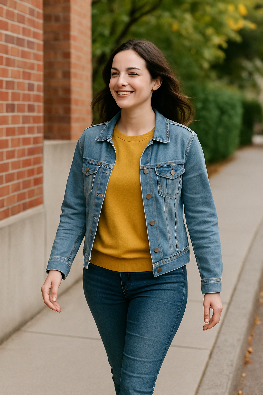 Happy woman walking outdoors in denim jacket showing relief from bloating symptoms