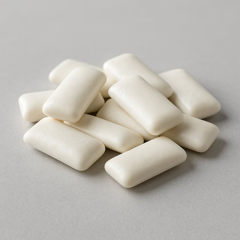 White chewing gum pieces that can cause bloating and digestive issues