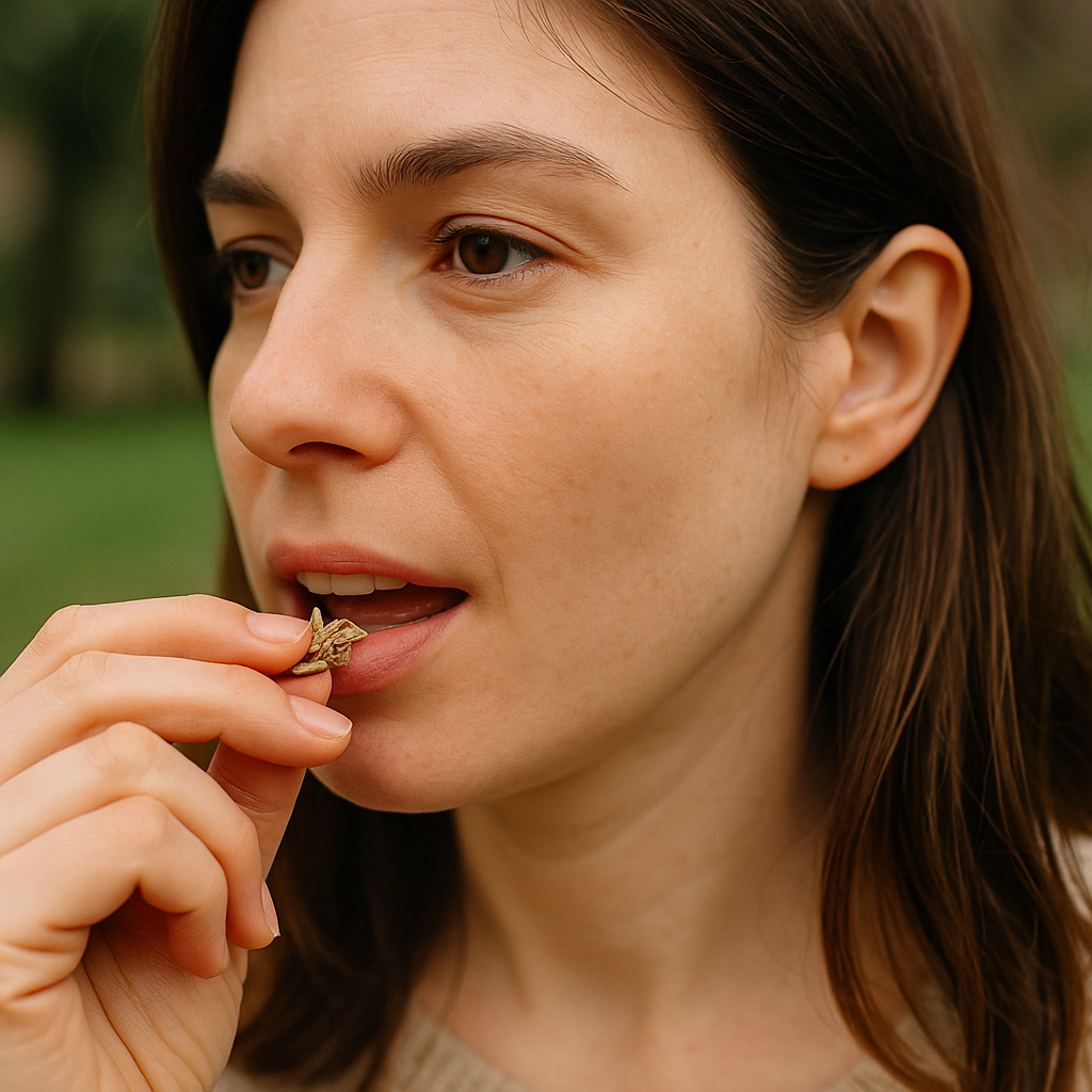 Close-up of woman eating fennel seeds as natural remedy for bloating and gas relief